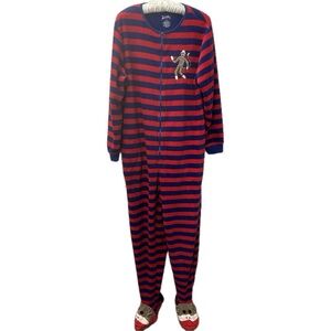 Nick & Nora Blue Red Stripe One Piece Sock Monkey Footie Pajamas Size L